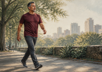 Hombre adulto caminando con paso firme por un parque urbano, vestido con camiseta deportiva y pantalón oscuro, con árboles y edificios al fondo.