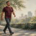 Hombre adulto caminando con paso firme por un parque urbano, vestido con camiseta deportiva y pantalón oscuro, con árboles y edificios al fondo.
