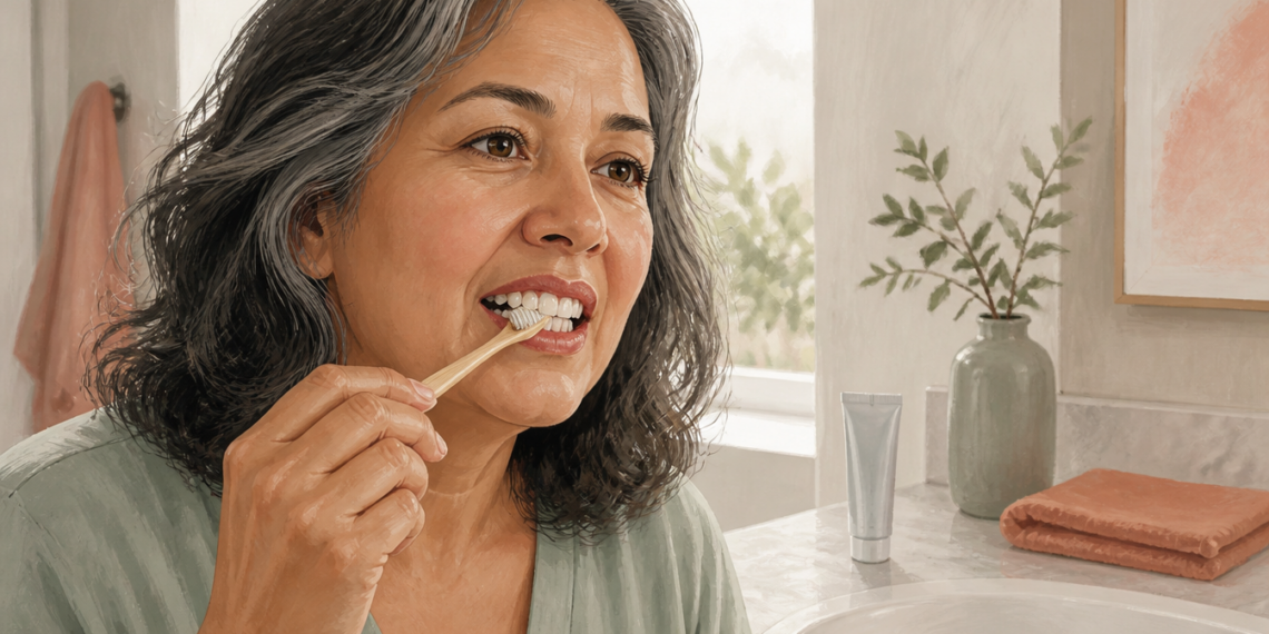 Mujer de mediana edad se cepilla los dientes frente al lavabo en un baño luminoso, con un cepillo dental en la mano y productos de higiene sobre la encimera.