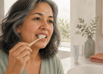 Mujer de mediana edad se cepilla los dientes frente al lavabo en un baño luminoso, con un cepillo dental en la mano y productos de higiene sobre la encimera.