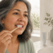 Mujer de mediana edad se cepilla los dientes frente al lavabo en un baño luminoso, con un cepillo dental en la mano y productos de higiene sobre la encimera.