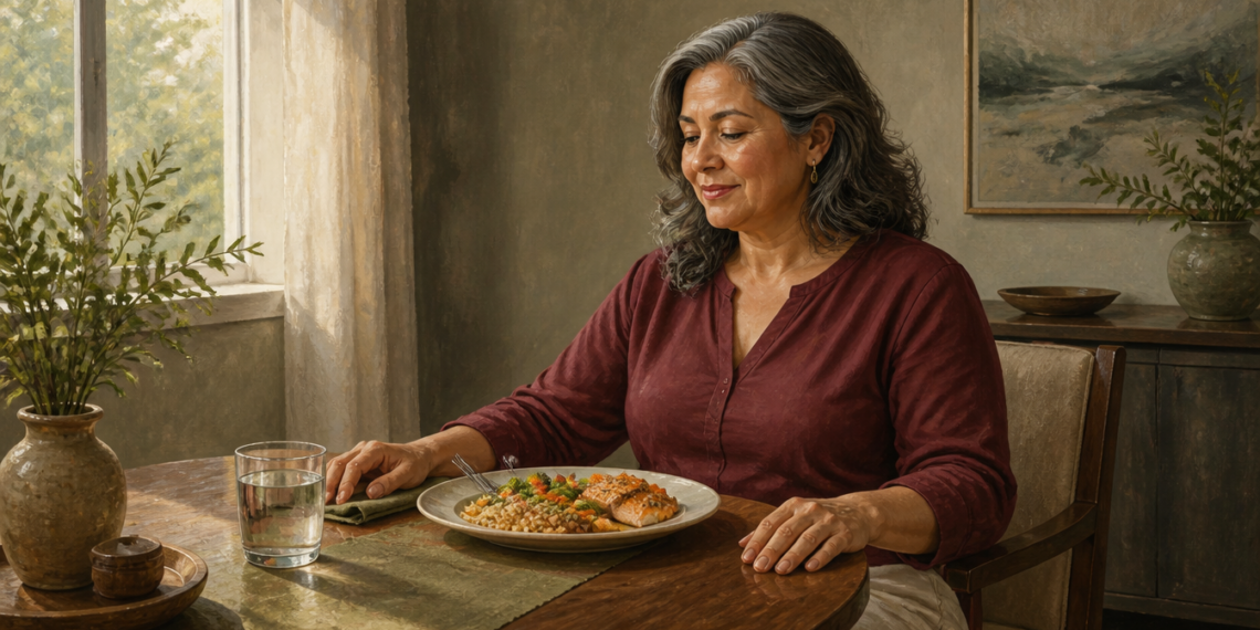 Mujer adulta sentada a la mesa frente a un plato con pescado, cereal y verduras, acompañado de un vaso de agua en un comedor luminoso.