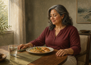 Mujer adulta sentada a la mesa frente a un plato con pescado, cereal y verduras, acompañado de un vaso de agua en un comedor luminoso.
