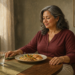 Mujer adulta sentada a la mesa frente a un plato con pescado, cereal y verduras, acompañado de un vaso de agua en un comedor luminoso.