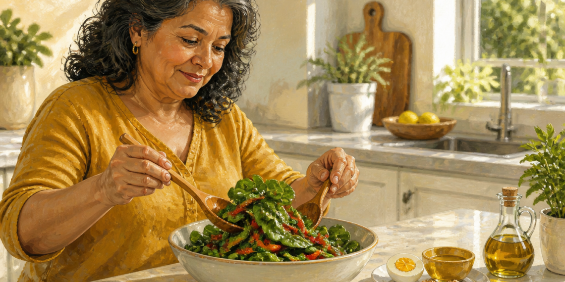 Mujer de mediana edad prepara una ensalada de hojas verdes y verduras en una cocina luminosa, con aceite de oliva, huevo y nueces sobre la mesa.
