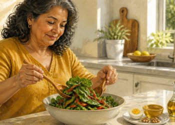 Mujer de mediana edad prepara una ensalada de hojas verdes y verduras en una cocina luminosa, con aceite de oliva, huevo y nueces sobre la mesa.