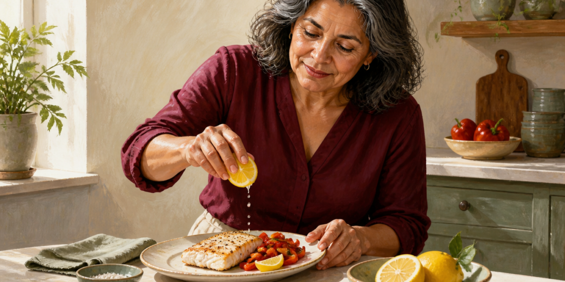 Mujer adulta exprimiendo medio limón sobre un plato con pescado y verduras, con más limones y un pequeño recipiente de sal sobre la mesa.