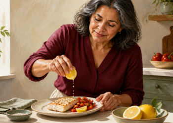 Mujer adulta exprimiendo medio limón sobre un plato con pescado y verduras, con más limones y un pequeño recipiente de sal sobre la mesa.