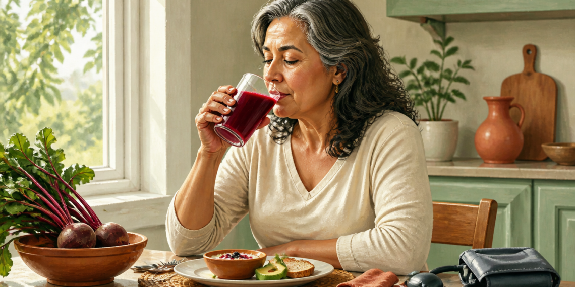 Mujer mayor bebiendo un vaso de jugo de remolacha en una cocina luminosa, con remolachas frescas sobre la mesa y un tensiómetro a un lado.