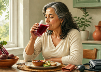 Mujer mayor bebiendo un vaso de jugo de remolacha en una cocina luminosa, con remolachas frescas sobre la mesa y un tensiómetro a un lado.