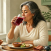 Mujer mayor bebiendo un vaso de jugo de remolacha en una cocina luminosa, con remolachas frescas sobre la mesa y un tensiómetro a un lado.