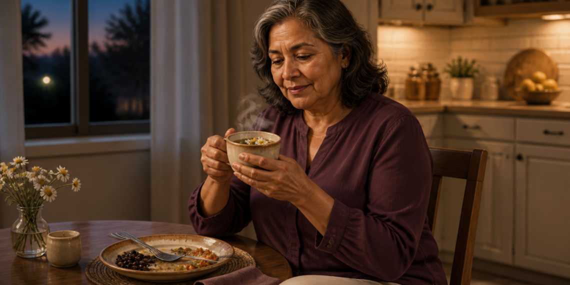 Mujer adulta sosteniendo una taza caliente después de cenar, sentada en una cocina al anochecer, con un plato de comida sobre la mesa.