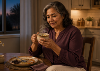 Mujer adulta sosteniendo una taza caliente después de cenar, sentada en una cocina al anochecer, con un plato de comida sobre la mesa.