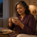 Mujer adulta sosteniendo una taza caliente después de cenar, sentada en una cocina al anochecer, con un plato de comida sobre la mesa.