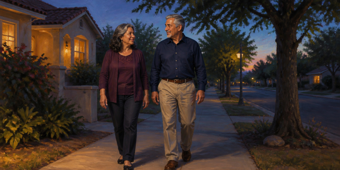 Pareja de adultos mayores caminando por una acera residencial al atardecer, frente a una casa iluminada y rodeados de árboles.