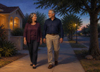 Pareja de adultos mayores caminando por una acera residencial al atardecer, frente a una casa iluminada y rodeados de árboles.