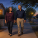 Pareja de adultos mayores caminando por una acera residencial al atardecer, frente a una casa iluminada y rodeados de árboles.