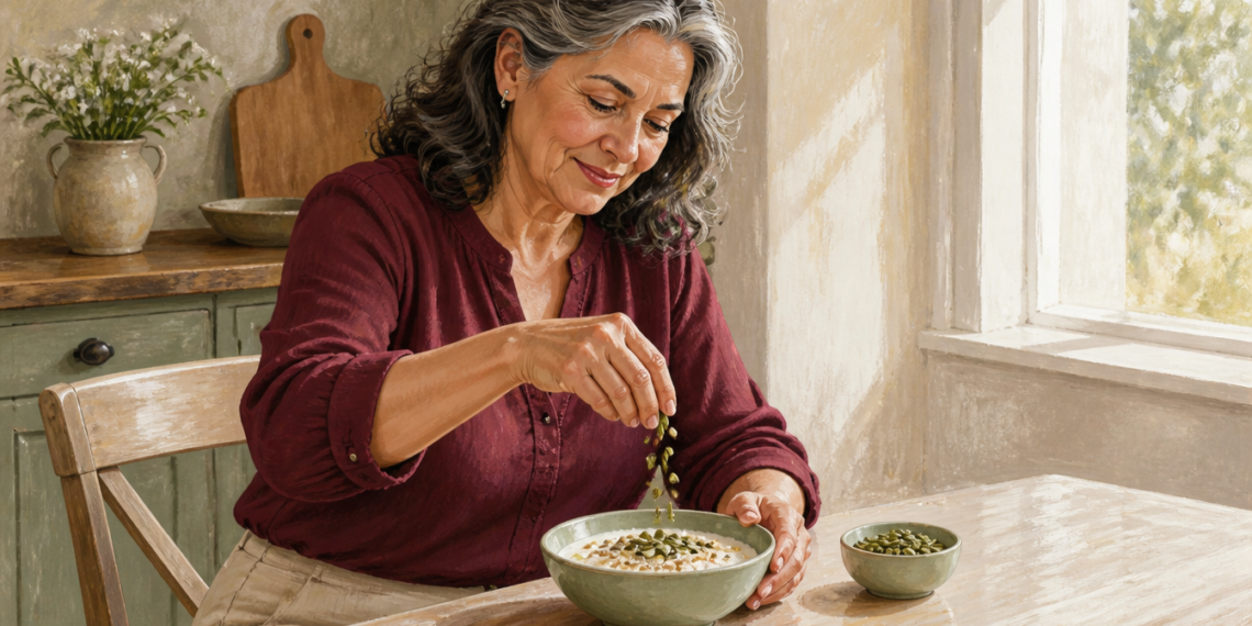 Mujer adulta añadiendo semillas verdes a un cuenco de comida en una cocina luminosa, con otro recipiente de semillas sobre la mesa.