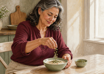 Mujer adulta añadiendo semillas verdes a un cuenco de comida en una cocina luminosa, con otro recipiente de semillas sobre la mesa.