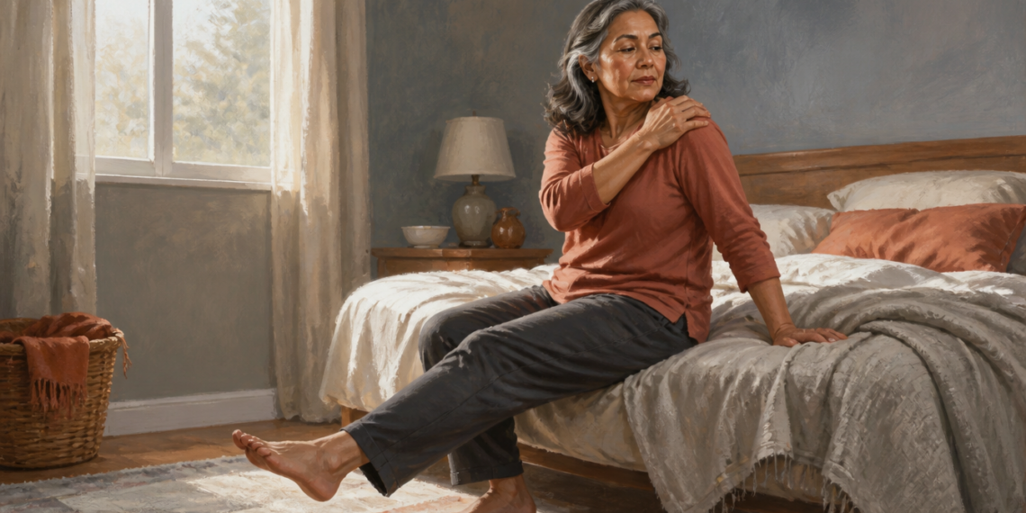 Mujer mayor sentada al borde de la cama al despertar, con una mano sobre el hombro y una pierna extendida, en una habitación iluminada por luz natural.
