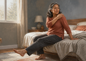 Mujer mayor sentada al borde de la cama al despertar, con una mano sobre el hombro y una pierna extendida, en una habitación iluminada por luz natural.