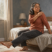 Mujer mayor sentada al borde de la cama al despertar, con una mano sobre el hombro y una pierna extendida, en una habitación iluminada por luz natural.