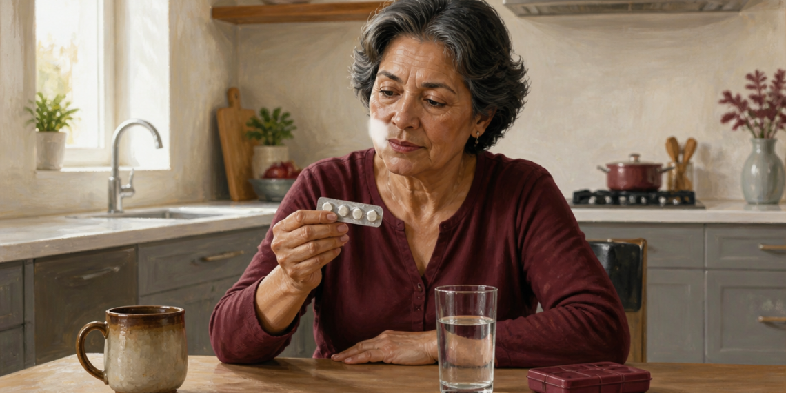 Mujer mayor observa un blíster de comprimidos mientras está sentada en una cocina, con un vaso de agua y un pastillero sobre la mesa.