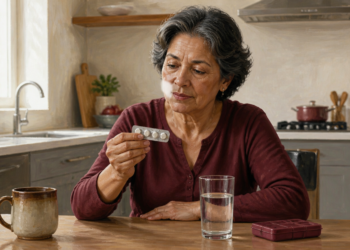 Mujer mayor observa un blíster de comprimidos mientras está sentada en una cocina, con un vaso de agua y un pastillero sobre la mesa.