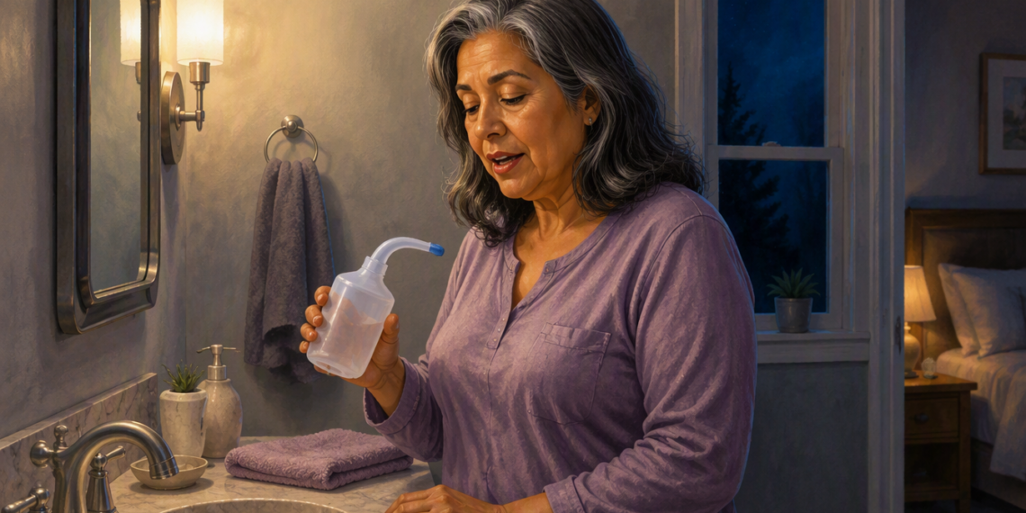 Mujer mayor en pijama dentro de un baño nocturno, sosteniendo una botella para lavado nasal junto al lavabo.