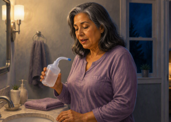 Mujer mayor en pijama dentro de un baño nocturno, sosteniendo una botella para lavado nasal junto al lavabo.