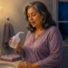 Mujer mayor en pijama dentro de un baño nocturno, sosteniendo una botella para lavado nasal junto al lavabo.