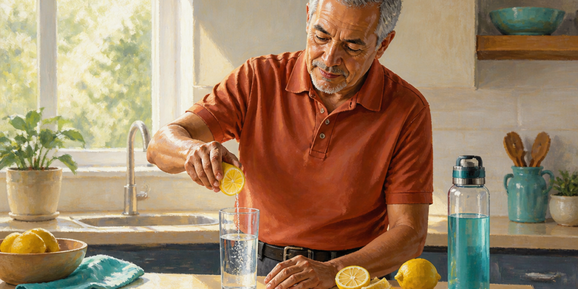 Hombre mayor exprimiendo limón en un vaso de agua en una cocina, con varios limones y una botella reutilizable sobre la encimera.