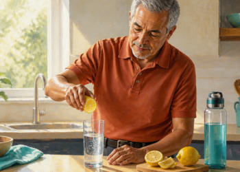 Hombre mayor exprimiendo limón en un vaso de agua en una cocina, con varios limones y una botella reutilizable sobre la encimera.