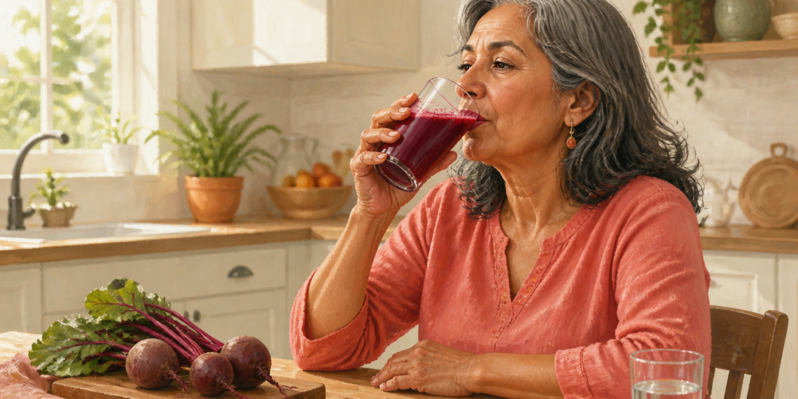 Mujer mayor bebe un vaso de jugo rojo en una cocina luminosa, con remolachas frescas sobre la mesa y un vaso de agua a su lado.