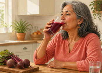 Mujer mayor bebe un vaso de jugo rojo en una cocina luminosa, con remolachas frescas sobre la mesa y un vaso de agua a su lado.