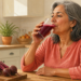 Mujer mayor bebe un vaso de jugo rojo en una cocina luminosa, con remolachas frescas sobre la mesa y un vaso de agua a su lado.