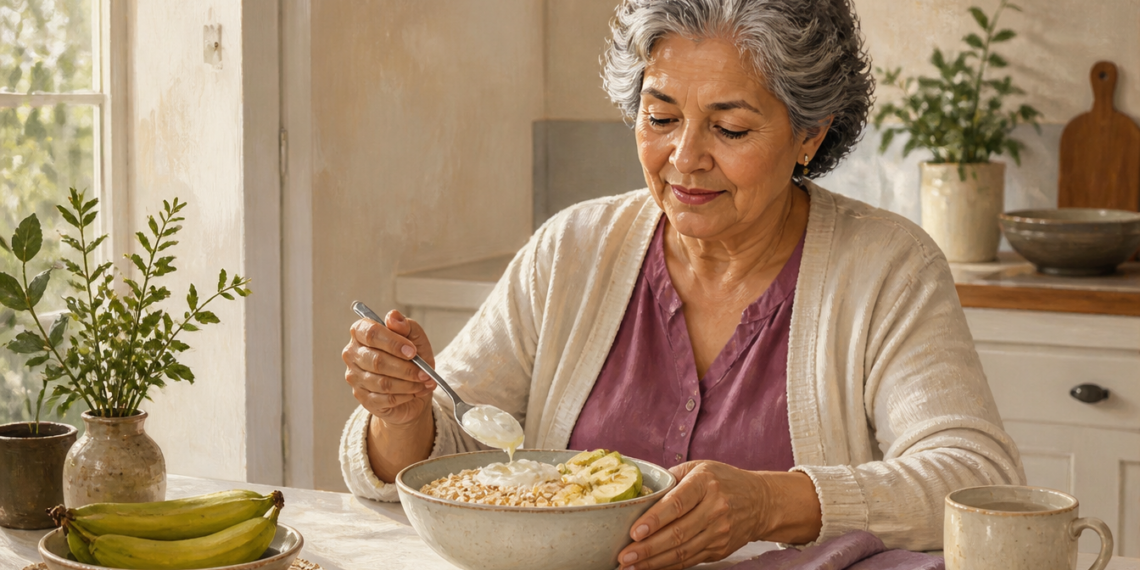 Mujer mayor desayunando un bol con avena, rodajas de plátano y un alimento cremoso blanco, con más plátanos y una taza sobre la mesa.