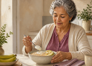 Mujer mayor desayunando un bol con avena, rodajas de plátano y un alimento cremoso blanco, con más plátanos y una taza sobre la mesa.