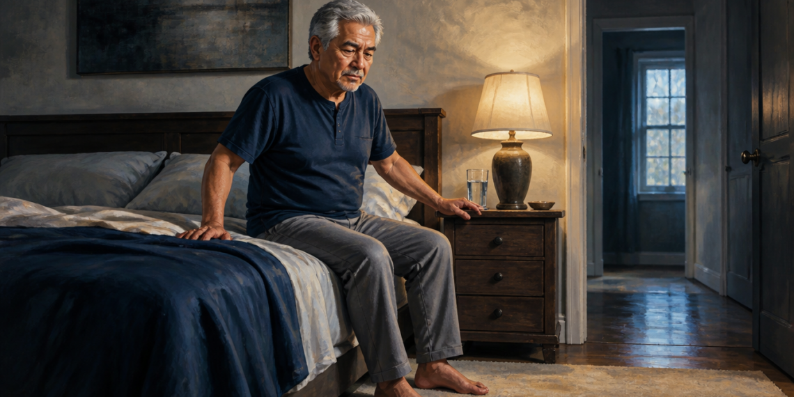 Hombre mayor sentado al borde de la cama durante la noche, junto a una mesilla con una lámpara encendida y un vaso de agua, en una habitación tenue.