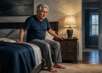 Hombre mayor sentado al borde de la cama durante la noche, junto a una mesilla con una lámpara encendida y un vaso de agua, en una habitación tenue.