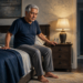 Hombre mayor sentado al borde de la cama durante la noche, junto a una mesilla con una lámpara encendida y un vaso de agua, en una habitación tenue.