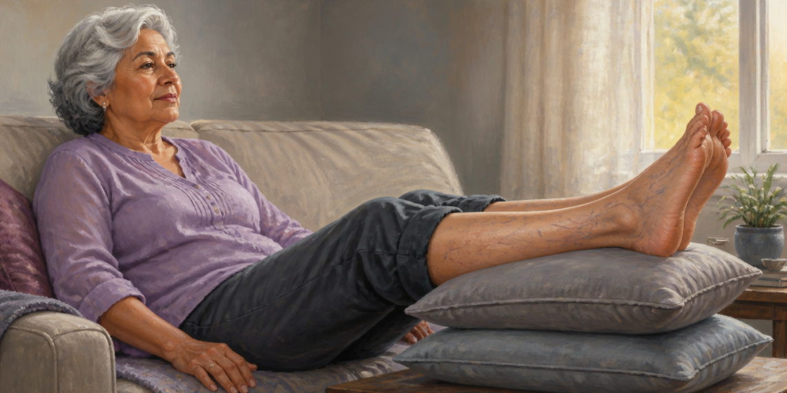 Mujer mayor sentada en un sofá con las piernas elevadas sobre dos almohadas, con varices visibles en las piernas, en una sala iluminada por luz natural.