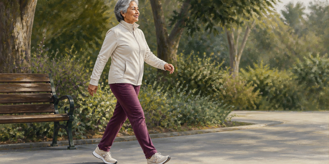Mujer mayor caminando por un sendero de parque con ropa deportiva y zapatillas, rodeada de árboles y vegetación.