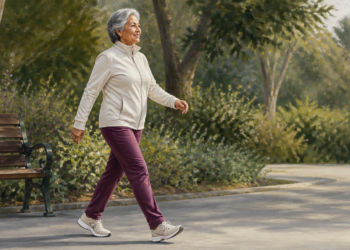 Mujer mayor caminando por un sendero de parque con ropa deportiva y zapatillas, rodeada de árboles y vegetación.