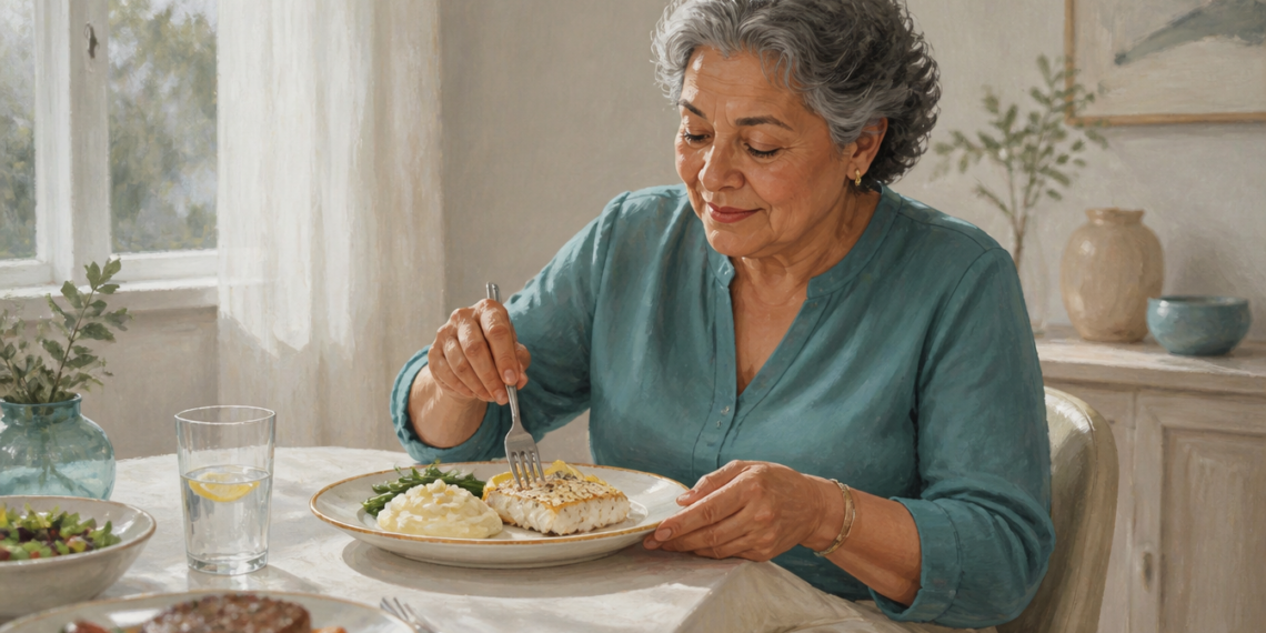 Mujer mayor comiendo un plato de pescado con puré y verduras, con un vaso de agua y otros platos de comida sobre la mesa.