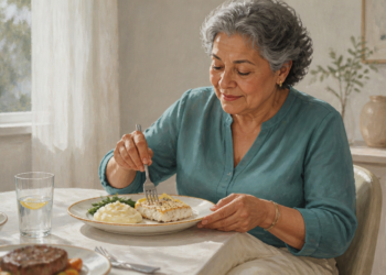 Mujer mayor comiendo un plato de pescado con puré y verduras, con un vaso de agua y otros platos de comida sobre la mesa.