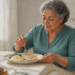 Mujer mayor comiendo un plato de pescado con puré y verduras, con un vaso de agua y otros platos de comida sobre la mesa.