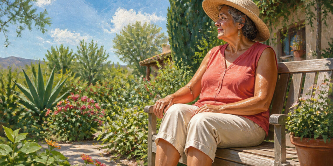 Mujer mayor sentada en un banco de jardín bajo el sol, con sombrero de ala ancha, rodeada de plantas y flores en un día despejado.