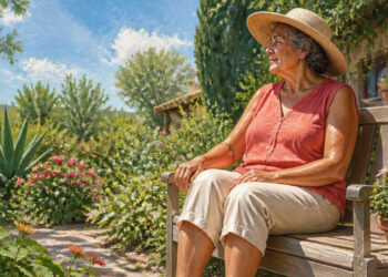 Mujer mayor sentada en un banco de jardín bajo el sol, con sombrero de ala ancha, rodeada de plantas y flores en un día despejado.