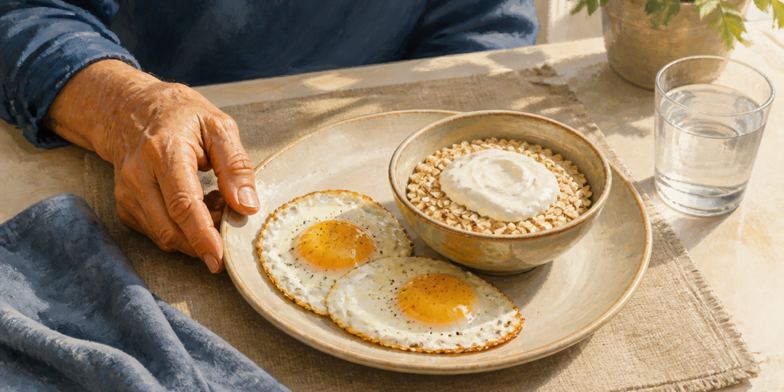 Persona mayor frente a un desayuno con dos huevos, avena con yogur y un vaso de agua, en una mesa iluminada por luz natural.